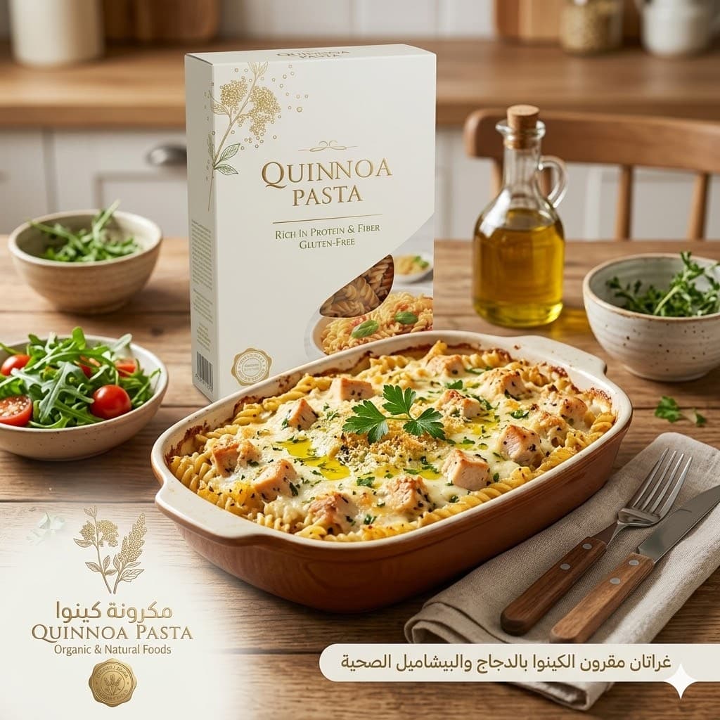 غراتان مقرون الكينوا بالدجاج والبيشاميل الصحية
